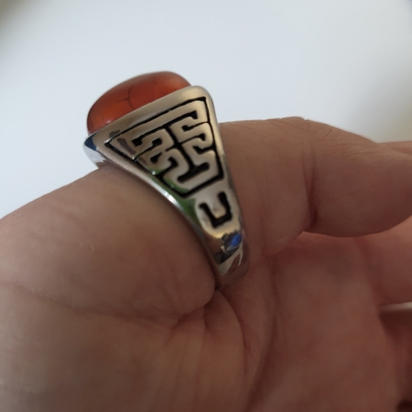 Silver Tone and Amber Colour Stone Large Size Ring - Picture 2 of 13